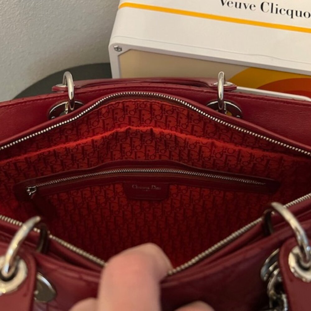 EUC Christian Dior Extra Large Lady Dior – Deep Red Cannage Lambskin | Silver HW - Picture 9 of 13